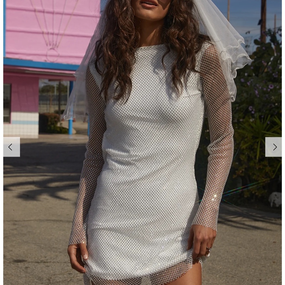 Anna White Rhinestone Mesh Mini Dress